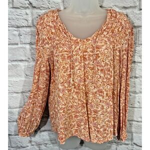 Old Navy Womens M Peach Floral Boho Peasant Top Tassel Elastic Smocked V Neck